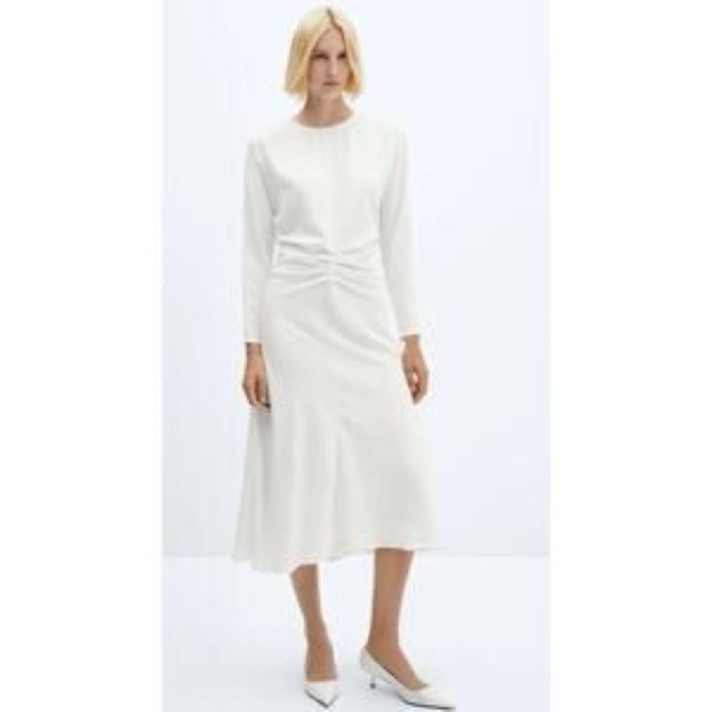 Mango Long Sleeve Ivory Twist-Waist Midi Dress